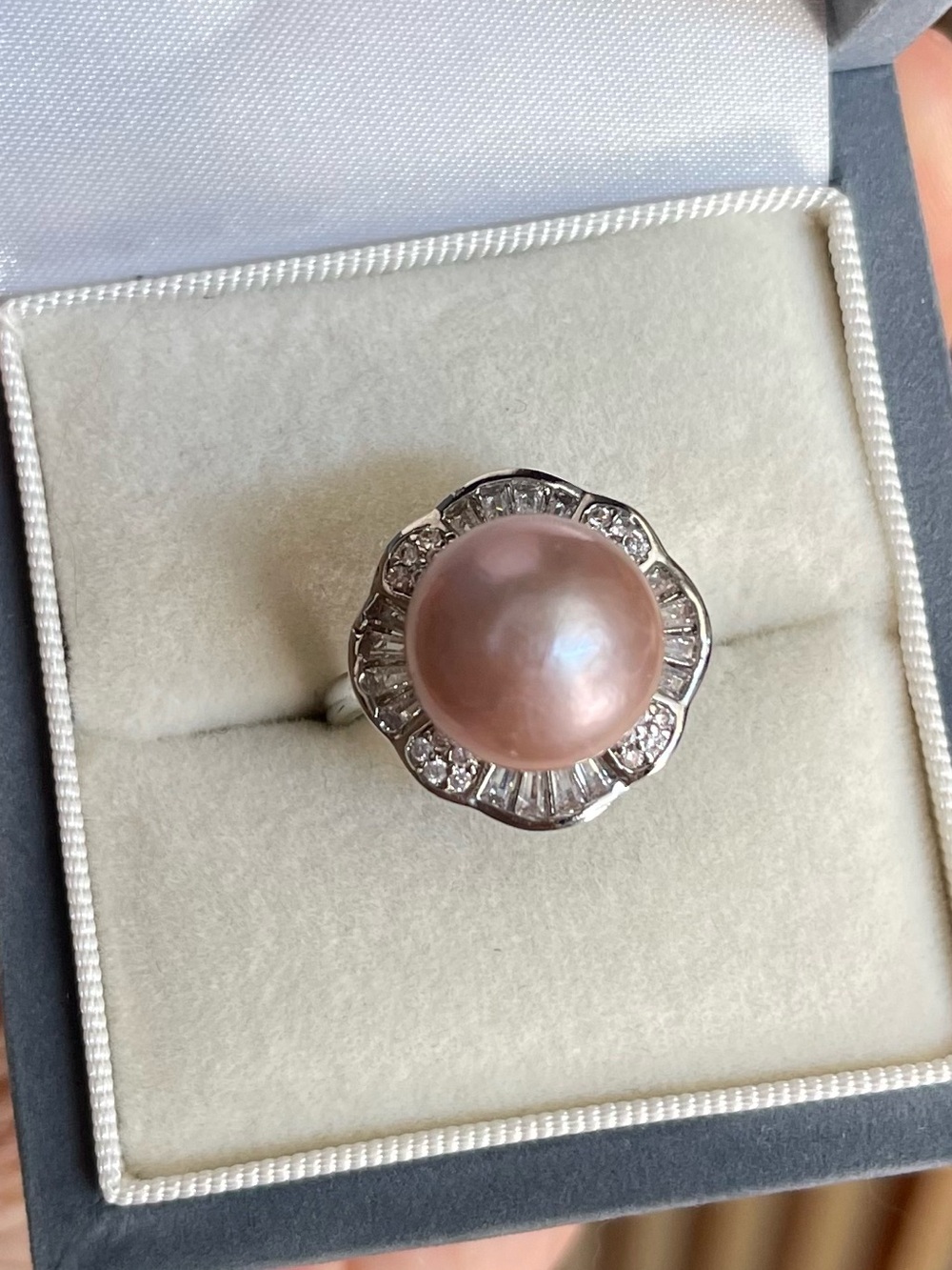 13 mm Genuine Pink Pearl and Silver Halo Ring - Elegant Women’s Jewelry